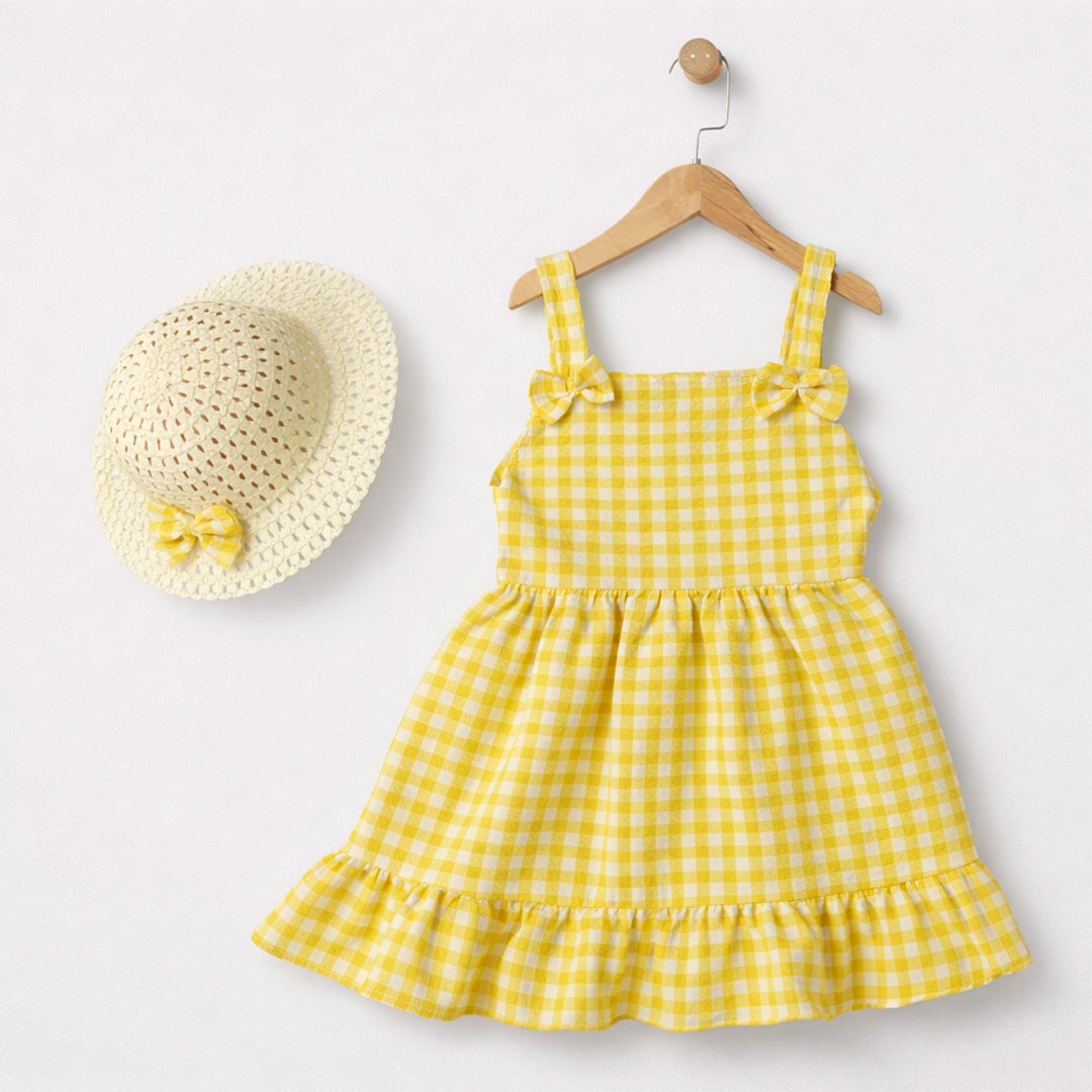 παιδικό φόρεμα καρό κίτρινο με καπέλο για κορίτσι καλοκαιρινό σετ