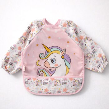 βρεφική αδιάβροχη σαλιάρα με μανίκια unicorn ροζ με χριτς χρατς