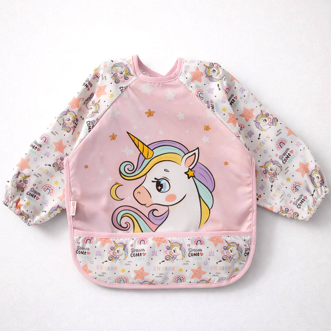 βρεφική αδιάβροχη σαλιάρα με μανίκια unicorn ροζ με χριτς χρατς