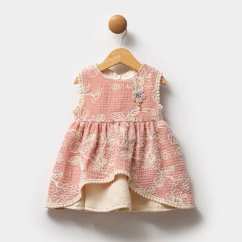 βρεφικό φόρεμα ροζ με κέντημα λουλουδιών και δαντέλα