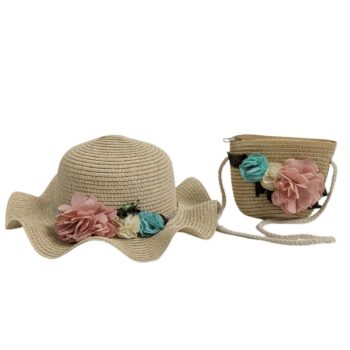 παιδικό ψάθινο καπέλο με τσαντάκι και λουλούδια