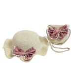 Παιδικό Καπέλο Ψάθινο Σετ Με Τσαντάκι Double Bow 3-7 Χρονών Εκρού