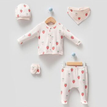 βρεφικό σετ 100% οργανικό βαμβάκι φράουλα με σκουφάκι και μπαντάνα