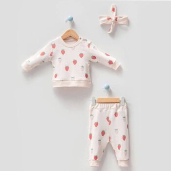 βρεφικό σετ 100% οργανικό βαμβάκι φράουλα με κορδέλα