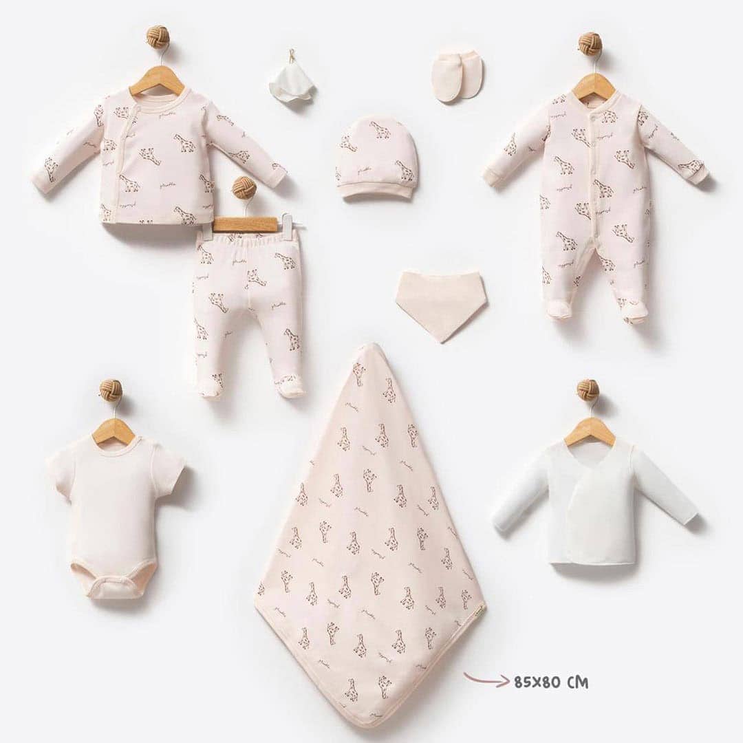 vrefiko-set-giraffe-10-pieces σετ νεογέννητου 100% οργανικό βαμβάκι καμηλοπάρδαλη 85x80 εκ