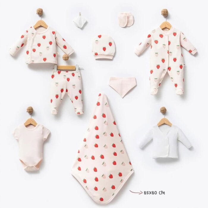 βρεφικό σετ νεογέννητου 10 τεμαχίων 100% οργανικό βαμβάκι φράουλα