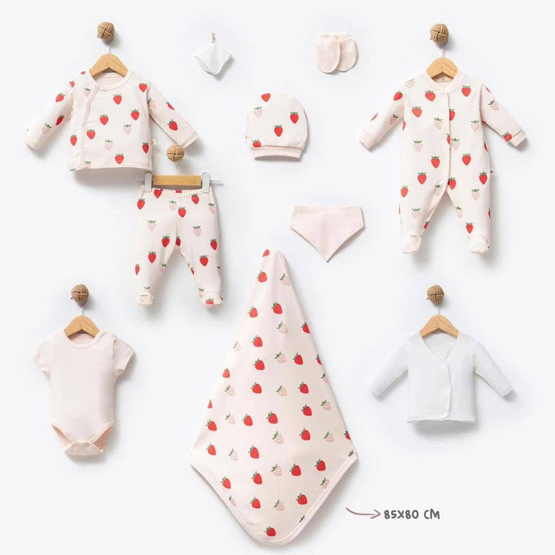 Σετ ρούχα νεογέννητου οργανικό βαμβάκι φράουλα βρεφικό σετ νεογέννητου 10 τεμαχίων 100% οργανικό βαμβάκι φράουλα
