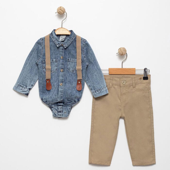 Βρεφικό Κοστούμι Τζιν Με Τιράντες Μπεζ - Image 2