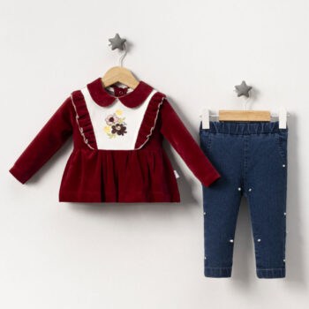 Βρεφικό Σετ Βελούδινο Με Τζιν Μπορντό