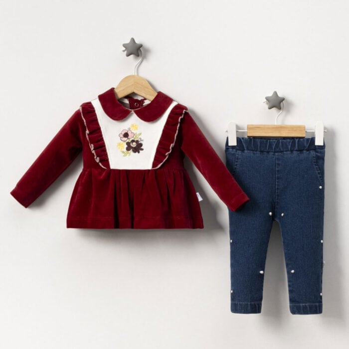 Βρεφικό Σετ Βελούδινο Με Τζιν Μπορντό - Image 2