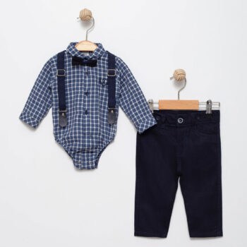 Βρεφικό Κοστούμι Καρό Με Τιράντες κ Παπιγιόν Μπλε