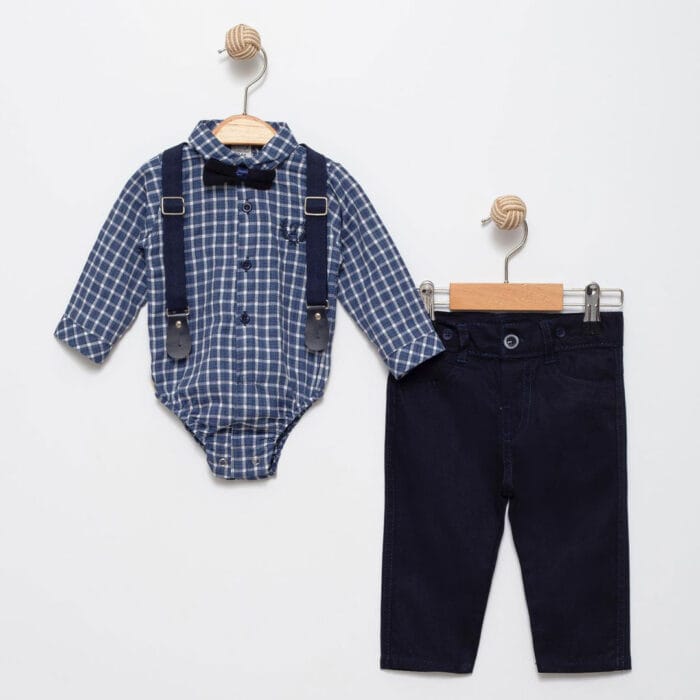 Βρεφικό Κοστούμι Καρό Με Τιράντες κ Παπιγιόν Μπλε - Image 2