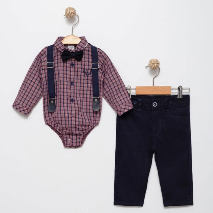Βρεφικό Κοστούμι Καρό Με Τιράντες κ Παπιγιόν Μπορντό - Image 2
