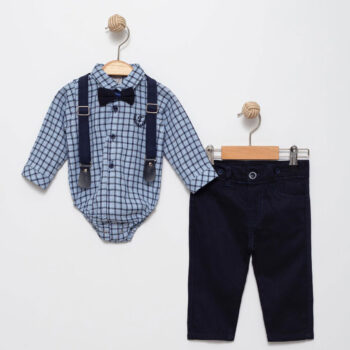 Βρεφικό Κοστούμι Καρό Με Τιράντες κ Παπιγιόν Γαλάζιο