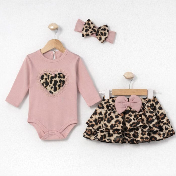 βρεφικό σετ φούστα για κορίτσι animal print με ροζ κορμάκι και φιόγκο