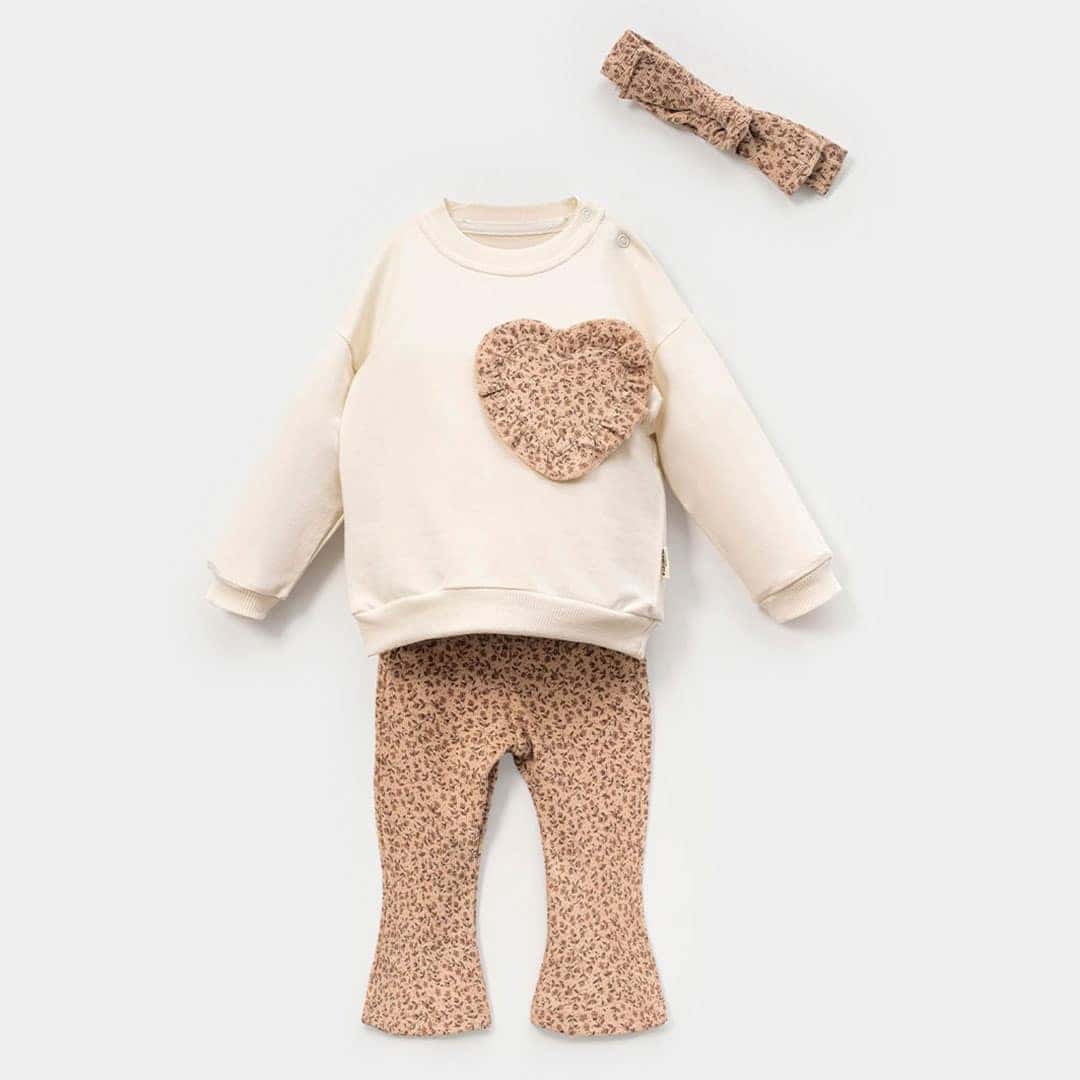 βρεφικό σετ μπεζ με κορδέλα και floral παντελόνι 100% βαμβάκι