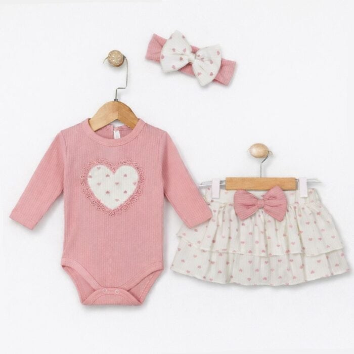 βρεφικό σετ φούστα για κορίτσι ροζ με καρδούλες και φιόγκο