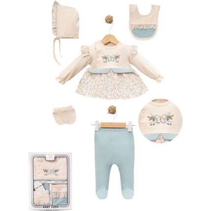 σετ δώρου νεογέννητο κορίτσι μπεζ και σιέλ 5 τεμαχίων με πεταλούδα