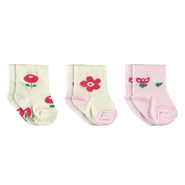 βρεφικά καλτσάκια με λουλούδια ροζ εκρού σετ 3 τεμαχίων