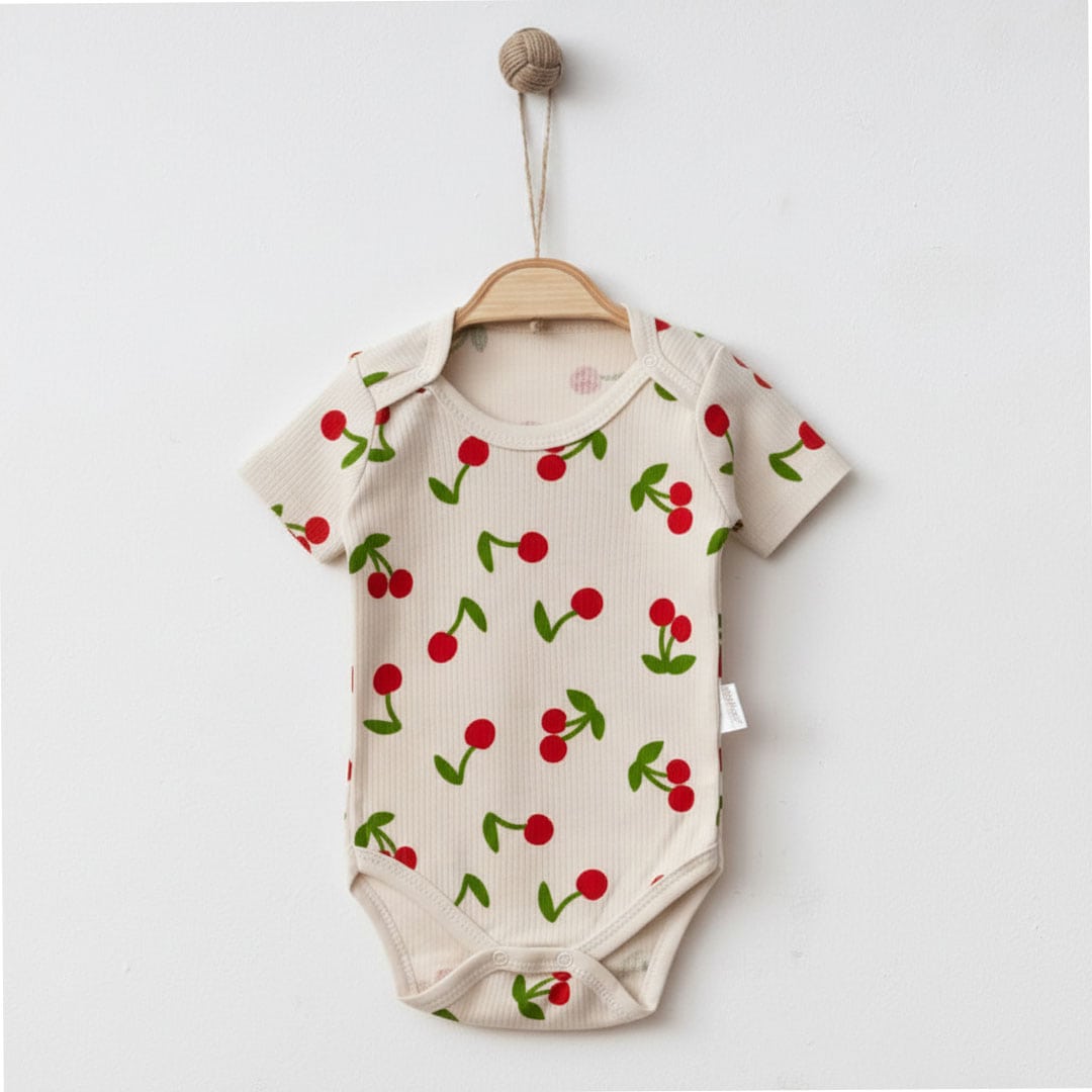 vrefiko--formaki--kerasakia--mpez Βρεφικό φορμάκι κοντομάνικο με κερασάκια μπεζ