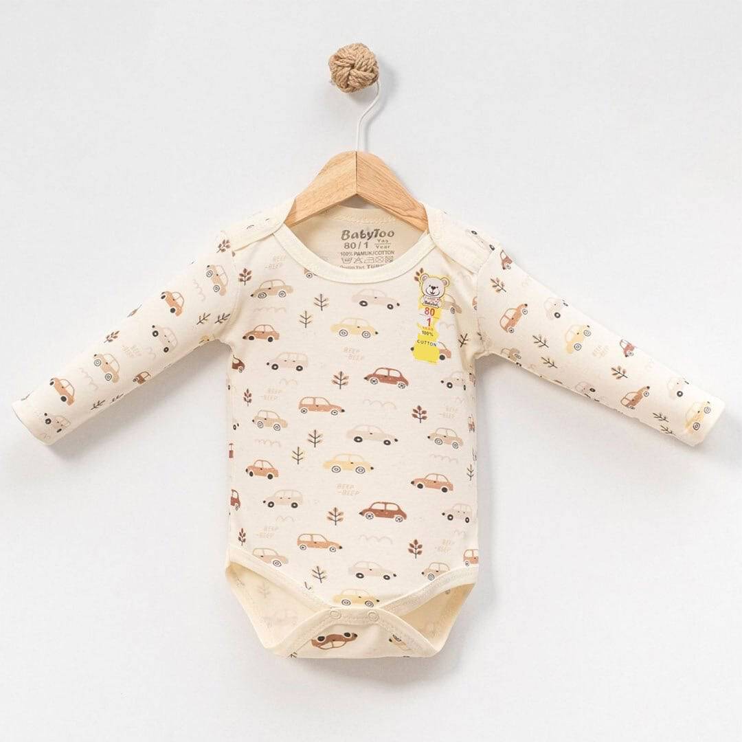 βρεφικό φορμάκι για αγόρι με σχέδιο αυτοκινητάκια εκρού