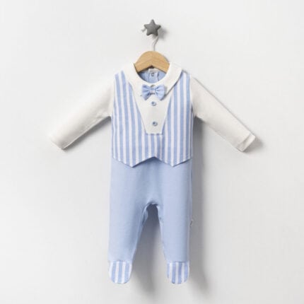 βρεφικό φορμάκι για αγόρι μπλε επίσημο με παπιγιόν και γιλεκάκι