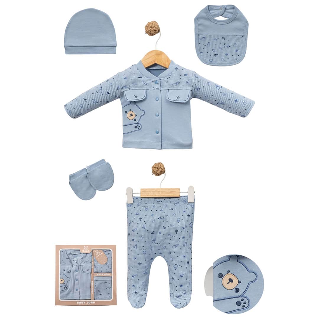 Βρεφικό σετ νεογέννητου με αρκουδάκι μπλε 5 τεμαχίων