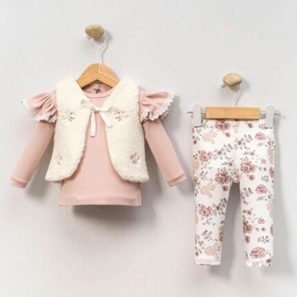 βρεφικό σετ για κορίτσια ροζ με γουνάκι και floral κολάν