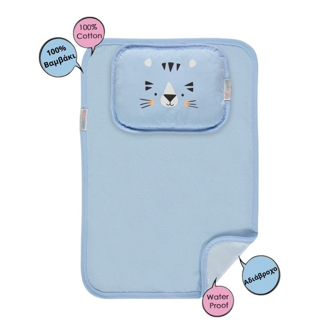 Αδιάβροχο σελτεδάκι αλλαξιέρα μπλε με μαξιλάρι Αδιάβροχο σελτεδάκι αλλαξιέρα με μαξιλάρι μπλε με σχέδιο ζωάκι