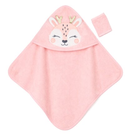 Βρεφική πετσέτα ελαφάκι σομόν με κουκούλα και σχέδιο ελαφιού