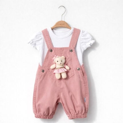 Βρεφική Τζιν Σαλοπέτα Ροζ με Αρκουδάκι