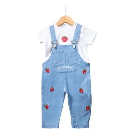 βρεφική σαλοπέτα τζιν με φράουλες με λευκό μπλουζάκι για κορίτσι