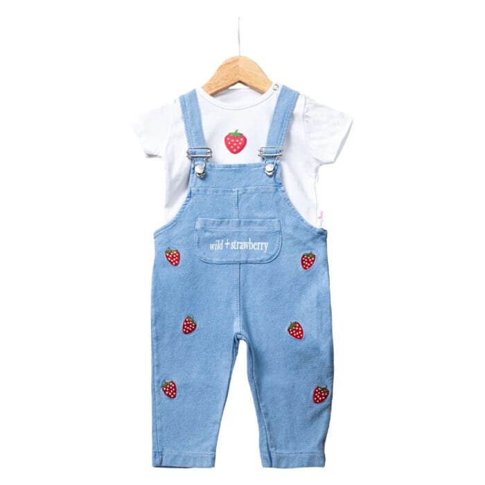 βρεφική σαλοπέτα τζιν με φράουλες με λευκό μπλουζάκι για κορίτσι