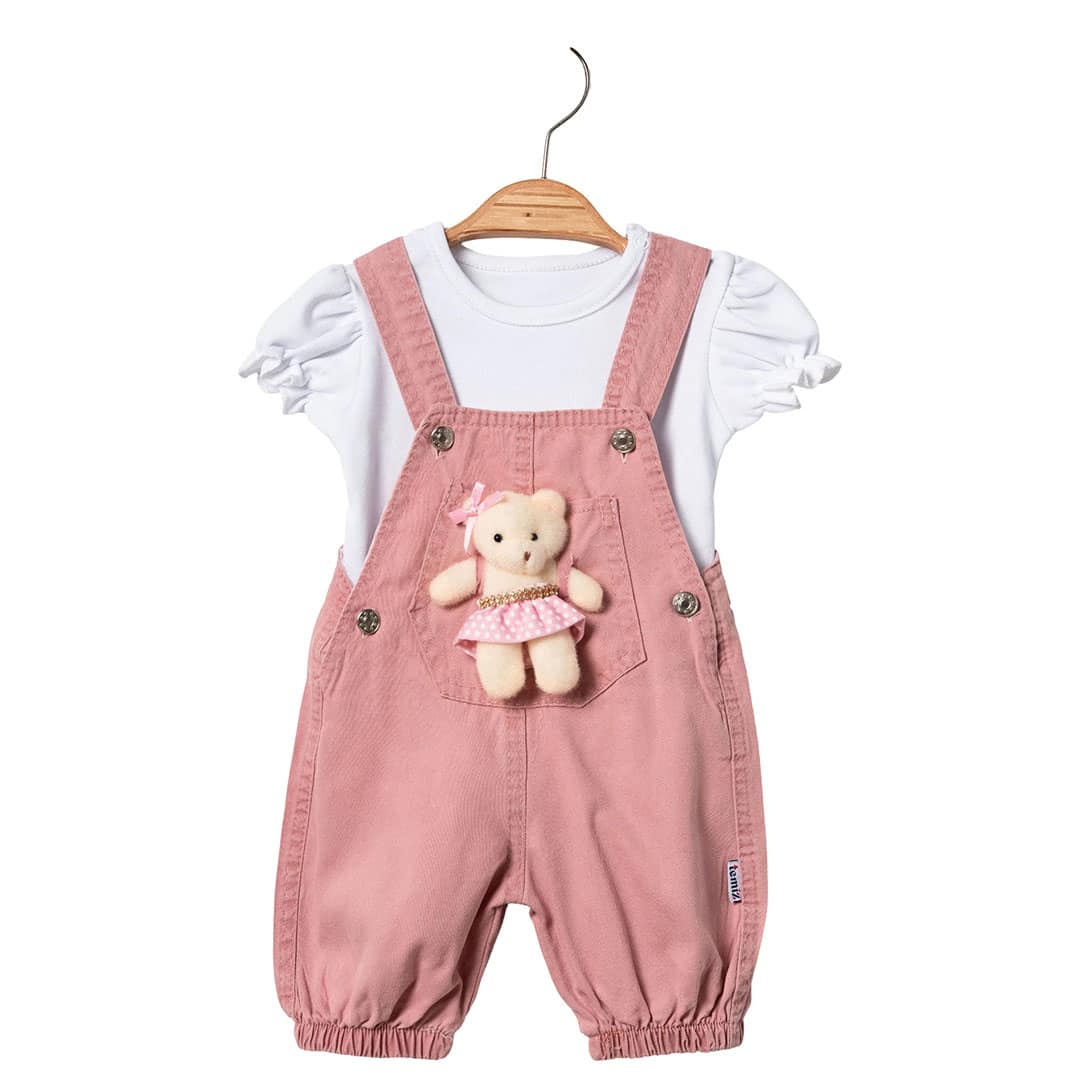 Βρεφική τζιν σαλοπέτα ροζ με λευκό μπλουζάκι και αρκουδάκι στο μπροστινό μέρος