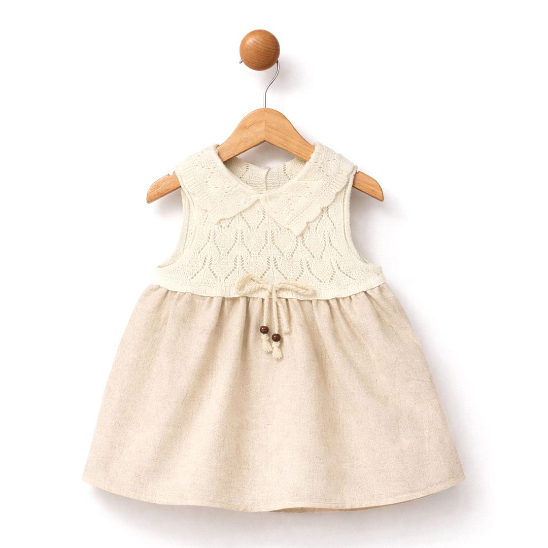 Βρεφικό φόρεμα λινό μπεζ με πλεκτό επάνω μέρος και αμάνικο σχέδιο