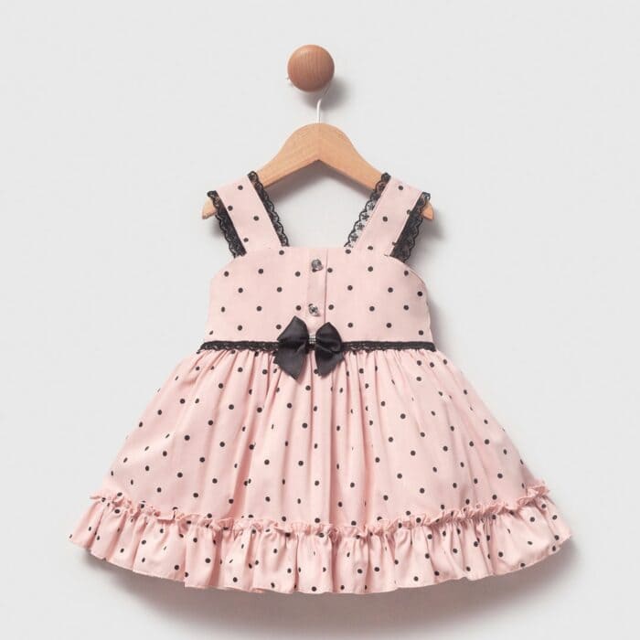 βρεφικό φόρεμα πουά ροζ με μαύρο φιόγκο για κορίτσι