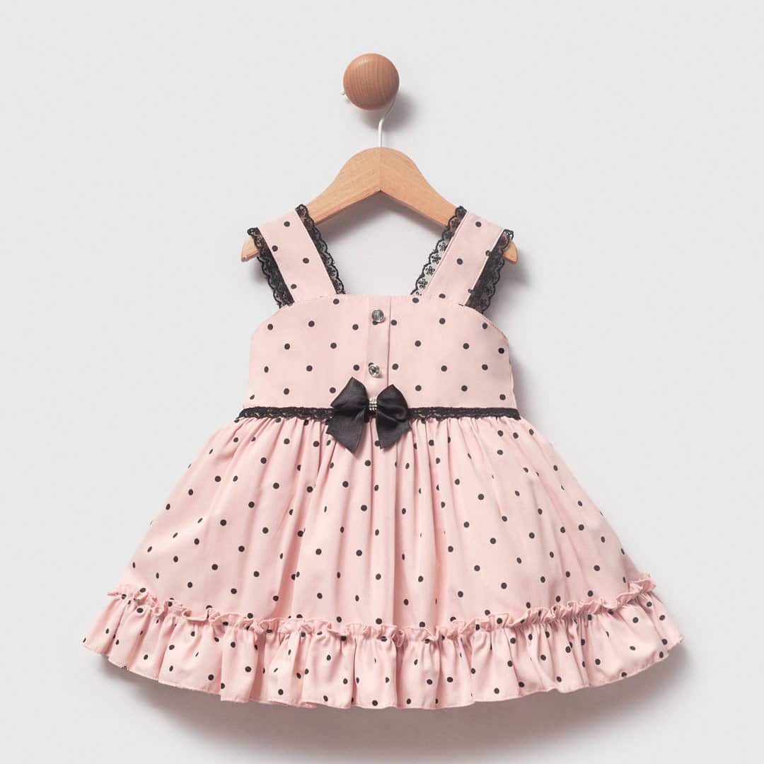 βρεφικό φόρεμα πουά ροζ με μαύρο φιόγκο για κορίτσι