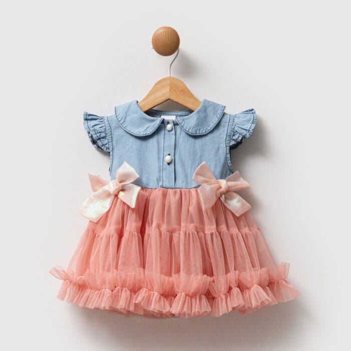 βρεφικό φόρεμα τζιν με τούλι ροζ με φιόγκους για κορίτσι
