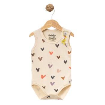 Βρεφικό φορμάκι αμάνικο καρδούλες σε μπεζ χρώμα με πολύχρωμα σχέδια καρδιάς