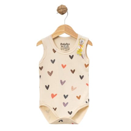 Βρεφικό φορμάκι αμάνικο καρδούλες σε μπεζ χρώμα με πολύχρωμα σχέδια καρδιάς