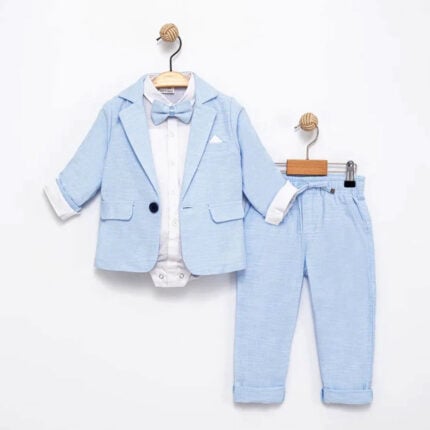 Βρεφικό κοστούμι με σακάκι γαλάζιο για αγόρι με πουκάμισο, παπιγιόν και παντελόνι
