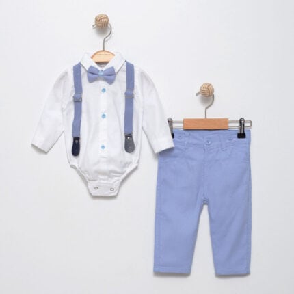 Βρεφικό κοστούμι με τιράντες και παπιγιόν μπλε με λευκό πουκάμισο και μπλε παντελόνι για αγόρι