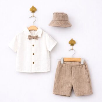 βρεφικό κοστούμι σετ με παπιγιόν και καπέλο με λευκό πουκάμισο και μπεζ λινό σορτσάκι για αγόρι
