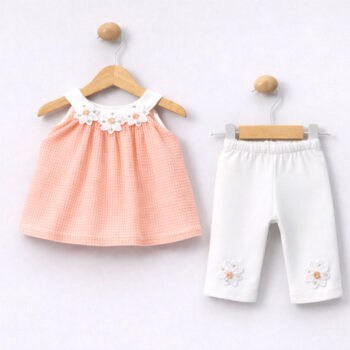 Βρεφικό σετ αμάνικο με κολάν σομόν και λευκό παντελόνι με λουλουδάκια