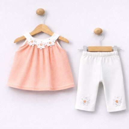 Βρεφικό σετ αμάνικο με κολάν σομόν και λευκό παντελόνι με λουλουδάκια