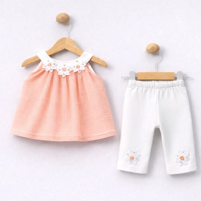 Βρεφικό σετ αμάνικο με κολάν σομόν και λευκό παντελόνι με λουλουδάκια