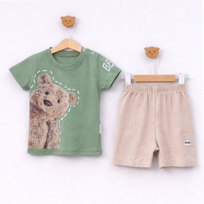 Βρεφικό σετ με σορτσάκι αρκουδάκι πράσινο και μπλουζάκι με σχέδιο αρκουδάκι