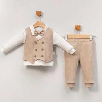 Βρεφικό σετ με γιλέκο μπεζ, λευκό πουκάμισο και παντελόνι για βάπτιση