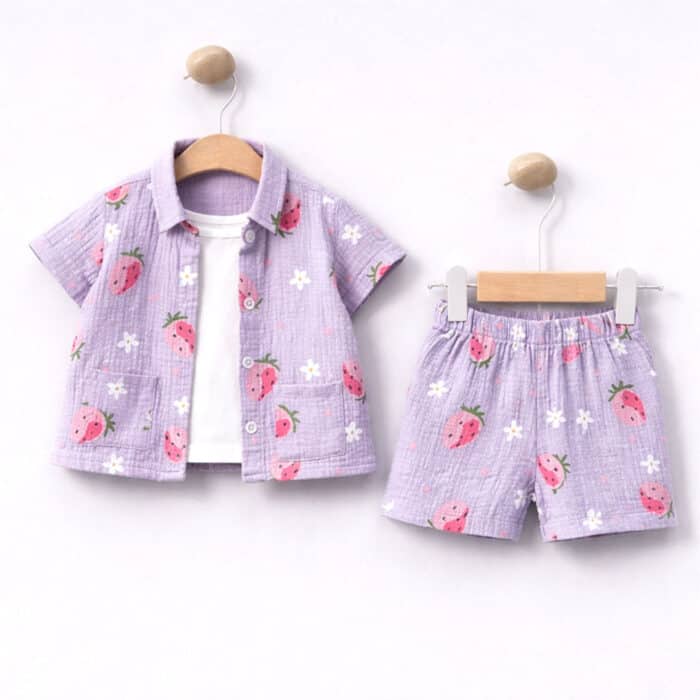 Βρεφικό σετ πουκάμισο τιραντάκι και σορτς φράουλες μωβ