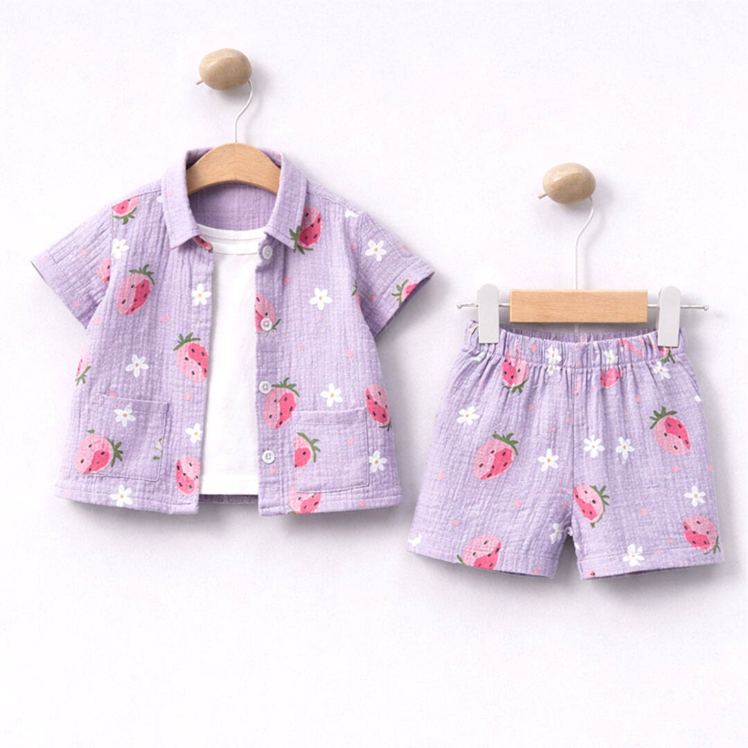 Βρεφικό σετ πουκάμισο τιραντάκι και σορτς φράουλες μωβ
